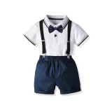 4PCS Boys Outfit Ploll Short Sleeve Shirts and Suspender Shorts Dress Up