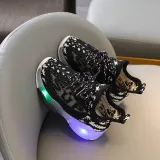 LED Light Kids Mesh Breathable Letters Flying Weaving Sneakers Shoes
