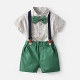 2PCS Boys Outfit Short Sleeve Shirts and Suspender Shorts with Tie