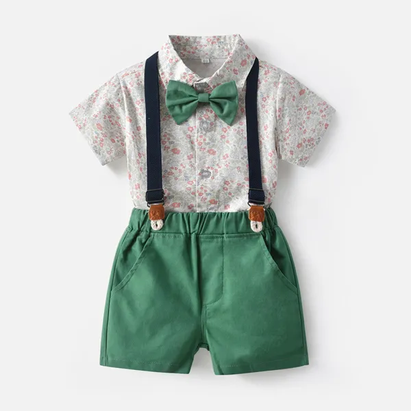 2PCS Boys Outfit Short Sleeve Shirts and Suspender Shorts with Tie