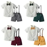 3PCS Boys Outfit Short Sleeve Shirt and Suspender Shorts Dress Up with Strap