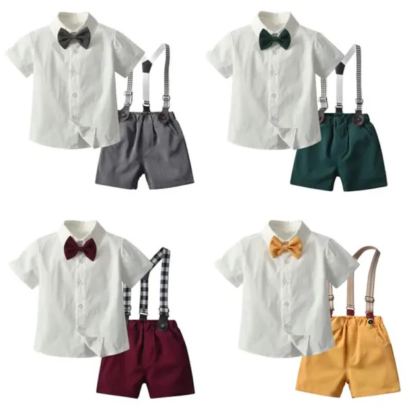 3PCS Boys Outfit Short Sleeve Shirt and Suspender Shorts Dress Up with Strap