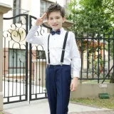 4PCS Boys Outfit Blue Long Sleeve Shirts and Suspender Pants Dress Up
