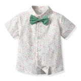 2PCS Boys Outfit Short Sleeve Shirts and Suspender Shorts with Tie