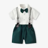 3PCS Boys Outfit Short Sleeve Shirt and Suspender Shorts Dress Up with Strap