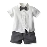 2PCS Boys Outfit Short Sleeve Shirt and Suspender Shorts Dress Up