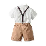 4PCS Boys Outfit Short Sleeve Shirts and Khaki Suspender Shorts Dress Up