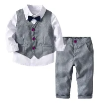 4PCS Boys Outfit Long Sleeve Shirt and Gray Vest Suit Pants Dress Up