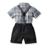 4PCS Boys Outfit Short Sleeve Plaid Shirt and Suspender Black Shorts Dress Up