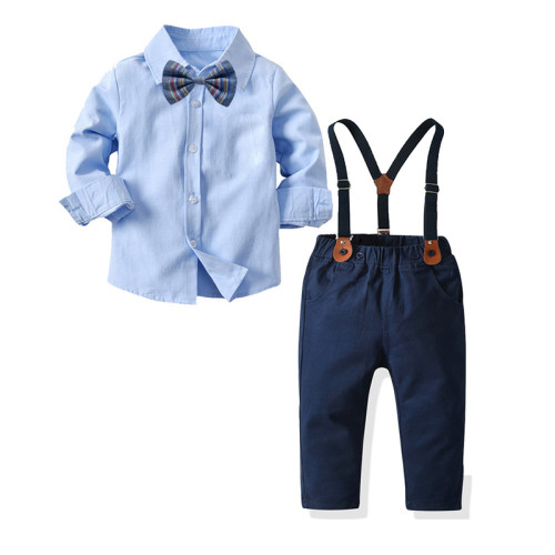 4PCS Boys Outfit Long Sleeve Shirt and Navy Suspender Pants Dress Up