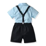 4PCS Boys Outfit Blue Short Sleeve Shirts and Black Suspender Shorts Dress Up