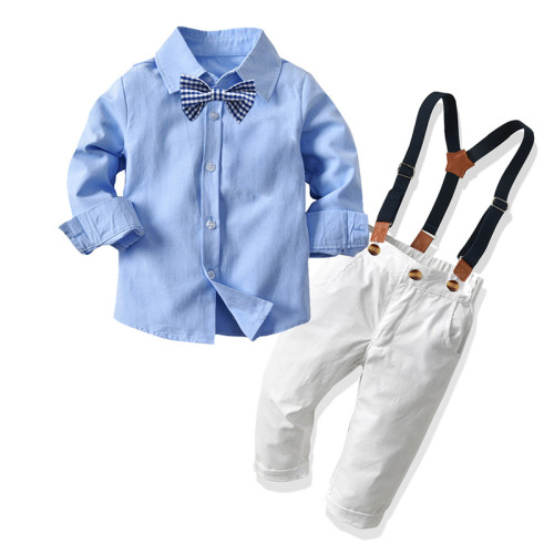 4PCS Boys Outfit Blue Suit Shirts and Suspender Pants Dress Up