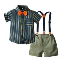 4PCS Boys Outfit Green Short Sleeve Shirt and Suspender Shorts with Tie