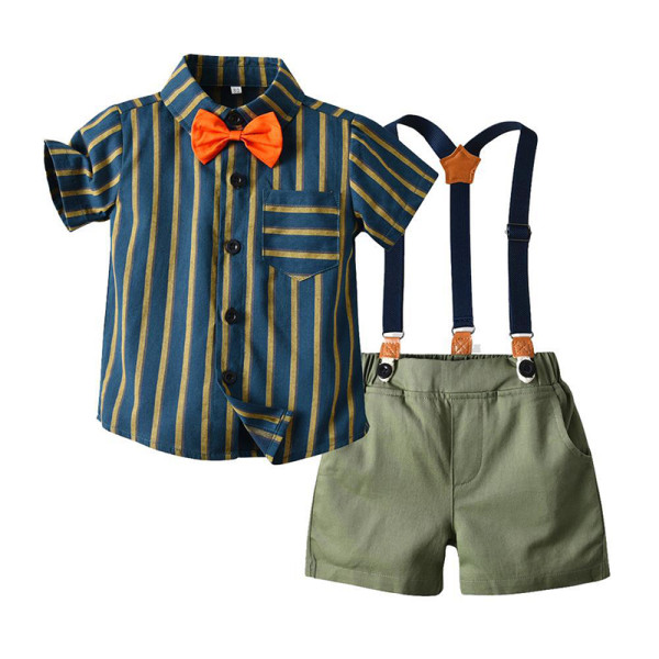 4PCS Boys Outfit Green Short Sleeve Shirt and Suspender Shorts with Tie