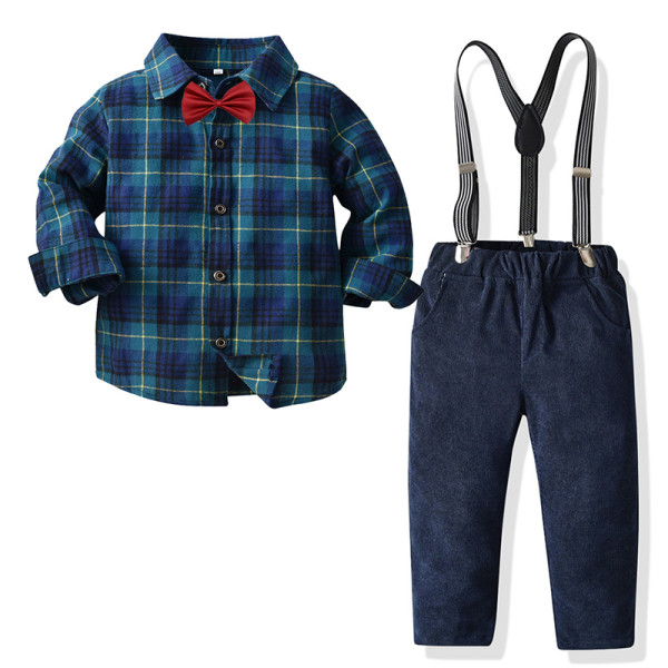 4PCS Boys Outfit Navy Plaid Shirt and Suspender Pants Dress Up