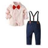 4PCS Boys Outfit Suit Shirts and Suspender Navy Pants Dress Up