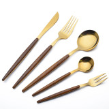 5 Pieces Wooden Tableware Set Smooth Edge Stainless Steel Tableware Includes Dinner Forks Knives Spoons