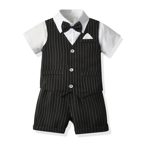 4PCS Boys Outfit Short Sleeve Shirts with Black Striped Shorts and Vest Dress Up