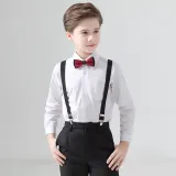 4PCS Boys Outfit Long Sleeve Shirt and Suspender Pants with Tie