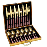 24 Piece Smooth Edge Stainless Steel Tableware Includes Dinner Forks Knives Spoons Gold Box