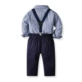 4PCS Boys Outfit Blue Plaid Shirts and Navy Suspender Pants Dress Up