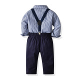 4PCS Boys Outfit Blue Plaid Shirts and Navy Suspender Pants Dress Up