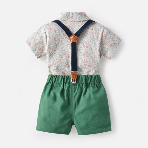 2PCS Boys Outfit Short Sleeve Shirts and Suspender Shorts with Tie