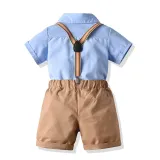4PCS Boys Outfit Short Sleeve Shirts and Khaki Suspender Shorts Dress Up