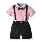 4PCS Boys Outfit Ploll Short Sleeve Shirts and Suspender Shorts Dress Up