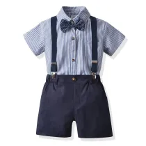 4PCS Boys Outfit Short Sleeve Blue Shirt and Suspender Shorts Dress Up
