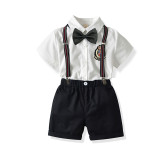 4PCS Boys Outfit Short Sleeve Shirt with Bow Tie and Suspender Shorts Dress Up