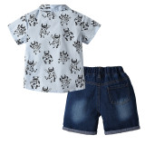 2PCS Boys Outfit Short Sleeve Shirts and Jeans Shorts