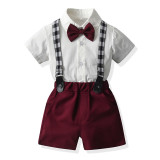 3PCS Boys Outfit Short Sleeve Shirt and Suspender Shorts Dress Up with Strap