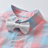 4PCS Boys Outfit Pink Plaid Shirts and Suspender Shorts Dress Up