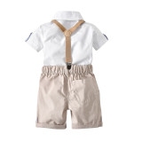4PCS Boys Outfit White Shirts and Apricot Suspender Shorts Dress Up