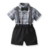 4PCS Boys Outfit Short Sleeve Plaid Shirt and Suspender Black Shorts Dress Up