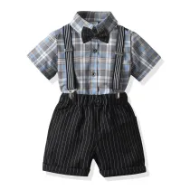 4PCS Boys Outfit Short Sleeve Plaid Shirt and Suspender Black Shorts Dress Up