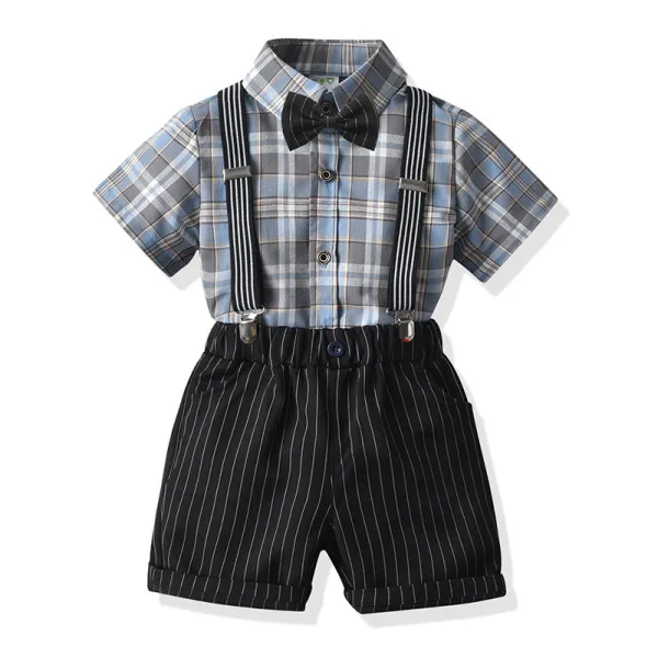 4PCS Boys Outfit Short Sleeve Plaid Shirt and Suspender Black Shorts Dress Up