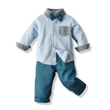 4PCS Boys Blue Outfit Short Sleeve Shirt and Suspender Shorts Dress Up
