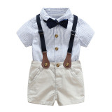 4PCS Boys Outfit Short Sleeve Shirt and Beige Suspender Shorts Dress Up