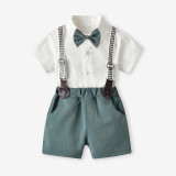 3PCS Boys Outfit Short Sleeve Shirt and Suspender Shorts Dress Up with Strap