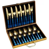 24 Piece Smooth Edge Stainless Steel Tableware Includes Dinner Forks Knives Spoons Gold Box