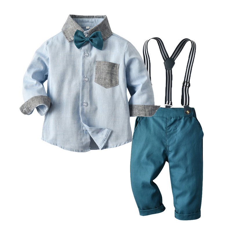 4PCS Boys Blue Outfit Short Sleeve Shirt and Suspender Shorts Dress Up