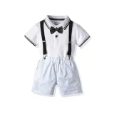4PCS Boys Outfit Ploll Short Sleeve Shirts and Suspender Shorts Dress Up
