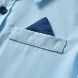4PCS Boys Outfit Blue Short Sleeve Shirts and Black Suspender Shorts Dress Up