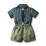 4PCS Boys Outfit Green Short Sleeve Shirt and Suspender Shorts with Tie