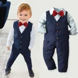 4PCS Boys Outfit Long Sleeve Shirt and Suit Vest Pants