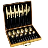 24 Piece Smooth Edge Stainless Steel Tableware Includes Dinner Forks Knives Spoons Gold Box