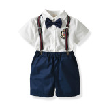 4PCS Boys Outfit Short Sleeve Shirt with Bow Tie and Suspender Shorts Dress Up