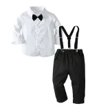4PCS Boys Outfit White Long Sleeve Shirts and Black Suspender Pants